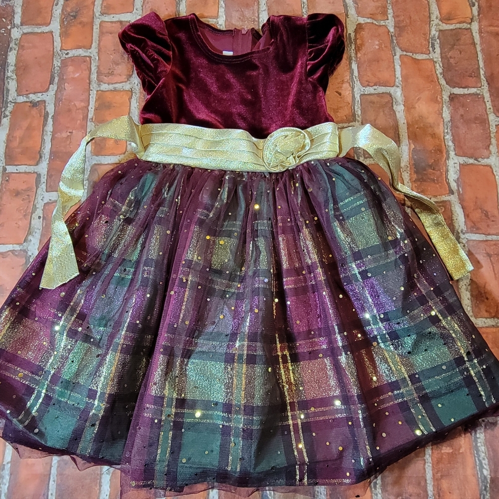 Bonnie Jean Girls 4T Burgundy Velvet & Plaid Sparkle Holiday Dress Christmas
